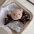 Vintage bear hair claw clip with brown plaid lace bow and rhinestone heart detail - Lace Houndstooth Bear - Duckbill Clip