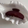 Dettaglio molletta per capelli bordeaux in resina con scritte dorate su piatto bianco - Pinza a Ventaglio (Bordeaux Lucido)