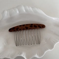 Detailaufnahme eines Haarkamms mit Schildpattmuster und Metallzähnen in einer Schale - Kaffee Leopard