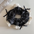 Detail of vintage plaid scrunchie with lace edges and black satin ribbon bows decoration - Lace Style (Small Black Bow) / Black