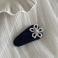 Detailed view of handmade pearl flower on dark blue denim fabric base BB hair clip - Dark Denim Artificial Pearl Flower Teardrop BB Clip