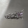Detailed view of silver butterfly hair clip with pink opal stones and rhinestones - Pink Butterfly
