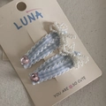 Detailed view of light blue plaid hair clips with pink heart crystals and pearl bows - Blue Gingham - Pearl Bow BB Clip