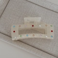 Detail of cream white resin hair claw clip encrusted with colorful round rhinestones - Creamy White Rectangle with Colorful Rhinestones