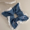 Detail of blue denim scrunchie with lace edge and colorful ribbon bows on fabric - Light Blue (Light Square Scrunchie)