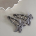 Coppia di fermagli per capelli con fiocco in raso grigio e perline d'argento su metallo - Fermagli BB / Grigio