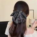 Retro paisley bow hair claw clip with crystal pendants for elegant ponytail styling - Black Paisley Print
