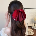 Elegant deep red velvet bow hair clip with white pearl pendants in a French retro style - Red Velvet