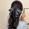 Elegant large bow hair claw with striped patterns, white polka dots and pearl pendants - Elegant Bowknot (FJ-0904-4)