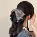 Pinza para el pelo vintage con lazo de satén y cuadros con perlas para semirecogido - Pinza para el Cabello a Cuadros Gris-Negro