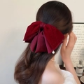 Elegante fermaglio per capelli a fiocco in velluto rosso con ciondoli di perle - Velluto E Raso / Rosso Scuro