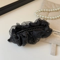 Detail of elegant black pleated mesh banana hair clip with shiny sequins and inner teeth - Black Mesh Banana Clip