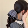 Floral hair scrunchie with blue pattern and double-layered wave edge on ponytail - Wavy Double Layer Scrunchie Style / Blue Floral