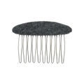 Macro detail of dark grey oval felt fabric texture on a silver metal hair comb pin - Gray