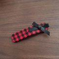 Close-up detail of vintage red houndstooth hair clip with a black satin bow on wood - Red Houndstooth - Small Rectangle