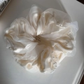 Dettaglio di un elastico in organza bianco crema con trama in seta e piccole perle bianche - Elastico Perle Maglia - Bianco Sporco