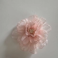 Pink fabric orchid hair clip with layered mesh petals and soft yellow stamen center - Orange Pink