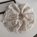 Detailopname van de boheemse beige kanten haarklem met ingewikkelde bloemenborduurwerk - Haarelastiek / Kant Beige
