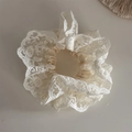 Detailopname van een witte vintage kant scrunchie met verfijnde bloemenpatronen in mesh - Franse Crème Kant-Klein Madeliefje