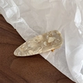 Detail view of handmade marble pattern acetate hair clip on a textured wooden surface - Milk Pudding