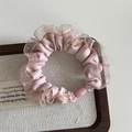 Pink satin scrunchie with pleated lace edge and pearl bead detail on a textured base - Mesh Edge Basic Loop - Pink