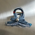 Detail of Y2K denim fabric hair claw clip with colorful heart rhinestones and silver bead - Light Blue - Claw Clip