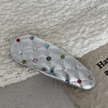 Detail of silver quilted leather hair clip with colorful rhinestones and metal charms - Silver Colorful Rhinestone Lattice Water Drop
