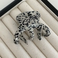 Detailed close-up of a high-quality acetate hair claw with leopard spots in a display box - Sesame Point