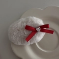 Close-up of a plush cream hair clip with a red ribbon bow and heart-shaped crystal detail - Single Plush Oval