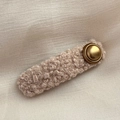 Close-up of retro beige sherpa fleece hair clip with a vintage matte gold metal button - Rectangle / Beige Apricot