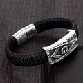 Men's braided black leather bracelet with Freemasonry symbol on silver magnetic clasp - Freemason All-Seeing Eye Engraved Style (A-04)