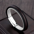 Men's multilayer braided leather bracelet with silver magnetic clasp on dark wood background - Multilayer Leather Metal Mesh Layered Style (A-11)