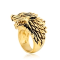 Polished gold wolf head stainless steel ring for men in vintage viking warrior style - US 7 / Gold