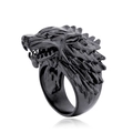 Polished matte black wolf head Viking stainless steel ring shown from a side profile - US 7 / Black