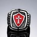 Men's vintage titanium steel ring with red enamel shield and white cross emblem detail - US 7 / Steel