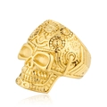 Polished gold plated titanium steel skull ring with intricate floral relief carvings - US 7 / Gold