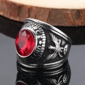Men's vintage eagle military ring with oval red gemstone and eagle crest details - US 7 / Steel