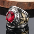 Vintage eagle heraldic ring with a large red oval gemstone and embossed gold eagle wings - US 7 / Two-tone (Gold & Silver)