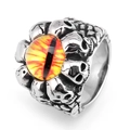Anello teschio punk vintage in acciaio argento con realistico occhio giallo al centro - US 7 / Giallo