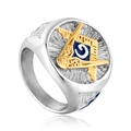 Anillo masónico de acero de titanio pulido con emblema G dorado y esmalte azul - US 7 / Bicolor (Oro y Plata)
