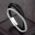 Bracciale multistrato da uomo in pelle nera intrecciata con chiusura magnetica in acciaio - Lunghezza 22cm