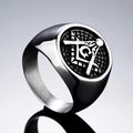 Polished titanium steel Masonic ring for men featuring silver square and compass G symbol - Number 7 / Steel