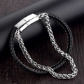 Mens double-layer 316L stainless steel wheat chain and braided black leather bracelet - Foxtail Chain Leather Combo Style (A-26)