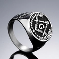Vintage Freimaurer-Siegelring aus Edelstahl in Silber mit Winkelmaß und Zirkel Motiv - US 7 / Stahlfarbe