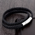Men's double-layer black braided leather bracelet with silver magnetic buckle closure - Black Double Circle Braided Style (A-07)