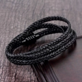Fashion punk rock style double-layer black braided leather bracelet for men with matte clasp - 22cm
