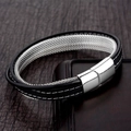 Double-layer braided leather and silver mesh chain bracelet with magnetic clasp - White Stitching Decor Style (A-22)
