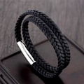 Men's double-layered black woven leather bracelet with silver magnetic metal clasp - Length 21cm