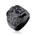 Close-up detail of a men's punk lion head ring in matte black stainless steel finish - US 7 / Black