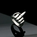 Polished silver stainless steel middle finger gesture ring with vintage black engraving - US 7 / Steel